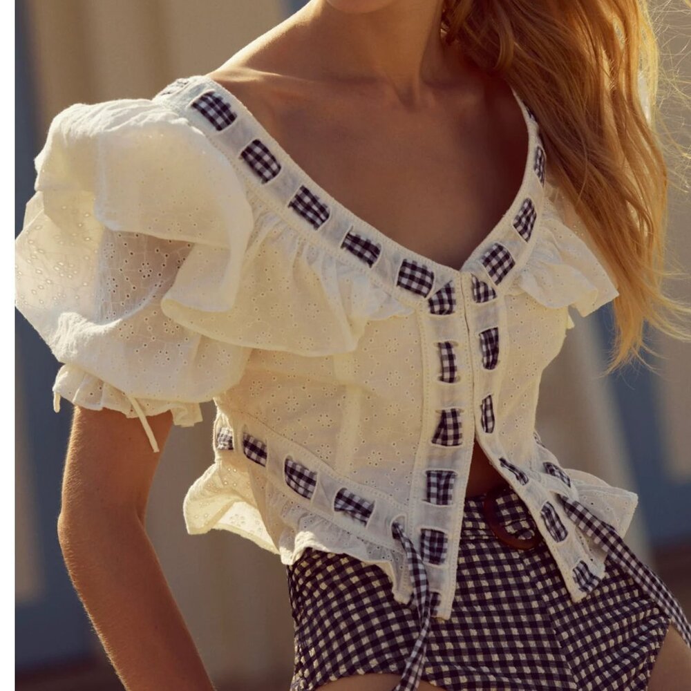 For Love & Lemons White Eyelet Ruffle Blouse with Black Gingham Trim